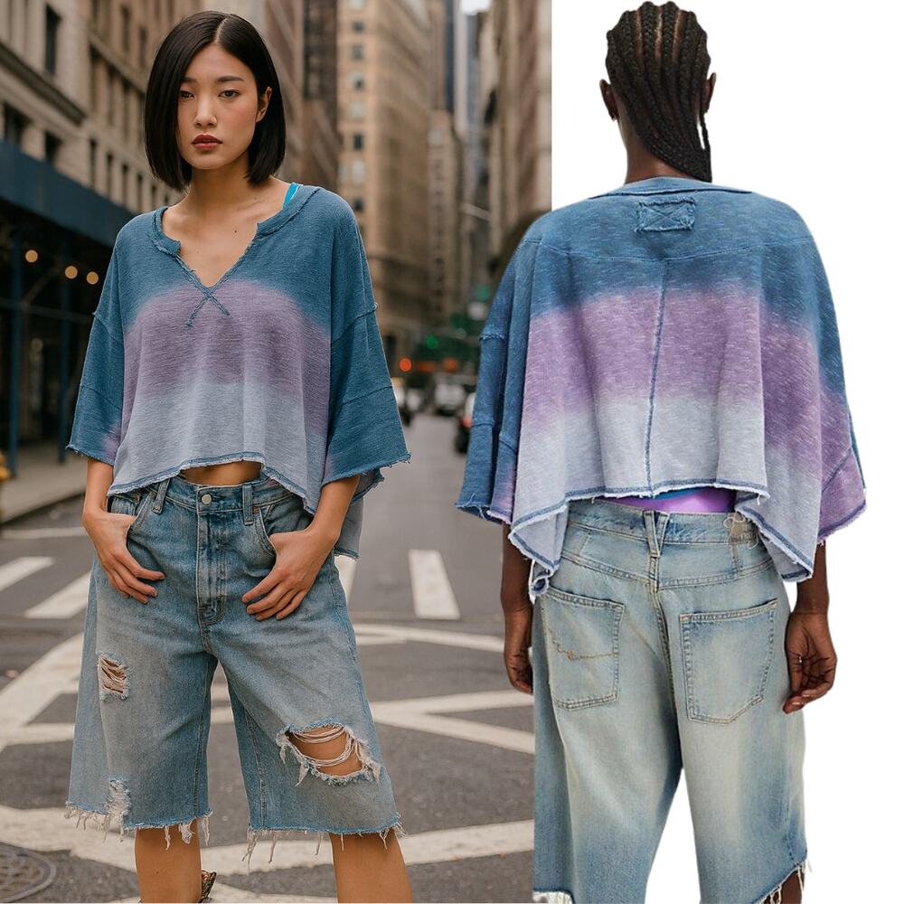 NEW Free People After Midnight Washed Tee Blue Ombre Oversize Boho Y2K 90s Lg